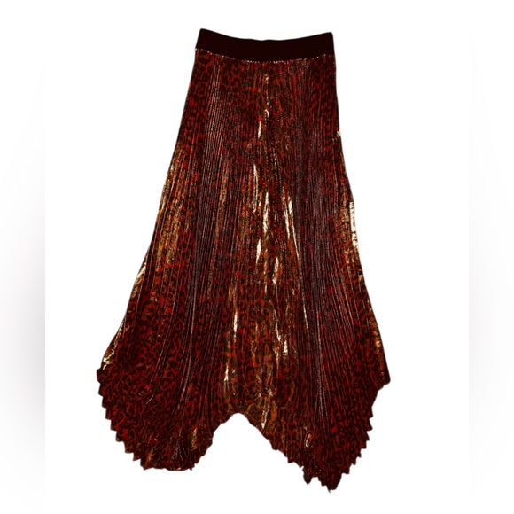 Alice + Olivia Katz Metallic Red Leopard Print Pleated Maxi Skirt Size 6 - Picture 3 of 7
